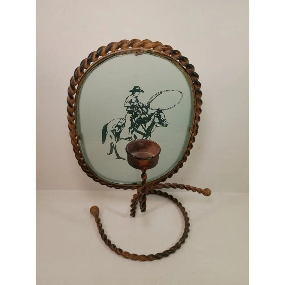 Vintage Western Cowboy Wrought Iron Oval Rustic Country Rodeo Candle Holder